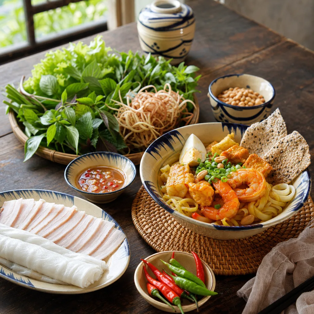 A spread of Da Nang dishes including Mi Quang, rice paper rolls with pork, and a signature dipping sauce